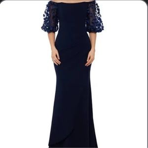 Xscape Floral Navy Off the Shoulder Gown